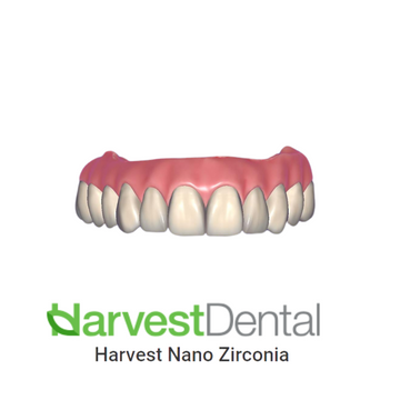 Full Arch dental restoration made with Harvest Nano Zirconia, known for its high strength and natural aesthetics.